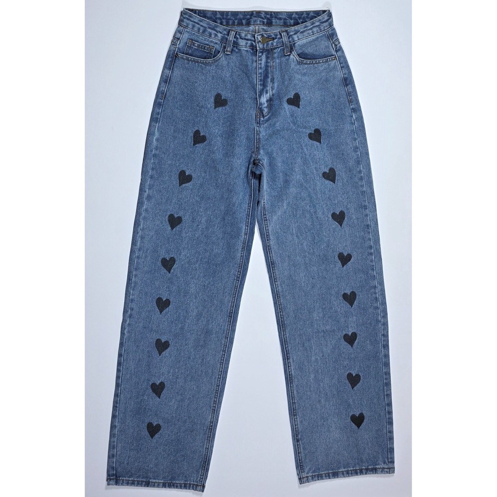 SHEIN Women Blue Medium Wash Heart Print High Waist Straight Leg Jeans Size S